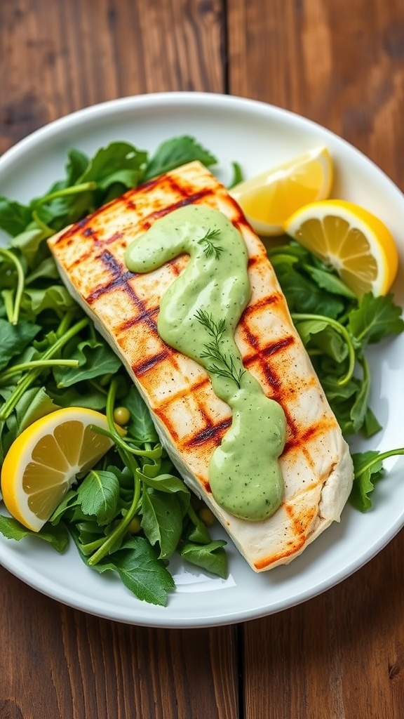 Grilled Mahi Mahi fillet with creamy dill sauce and lemon wedges on a rustic table.